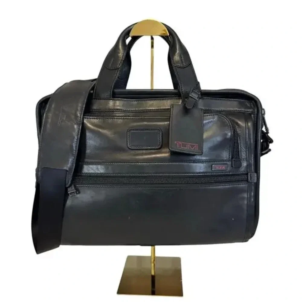 Tumi Alpha Slim Deluxe Briefcase Bag Black Leather Portfolio Messenger Business - Picture 1 of 14